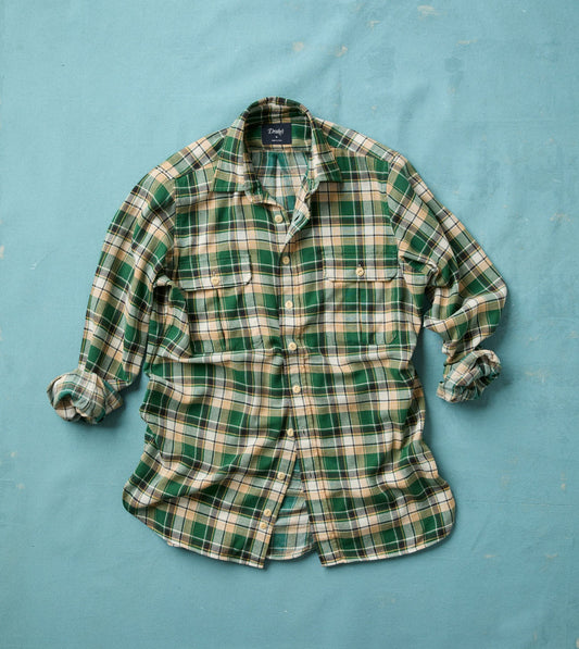 Drake's Green Check Cotton Two-Pocket Work Shirt