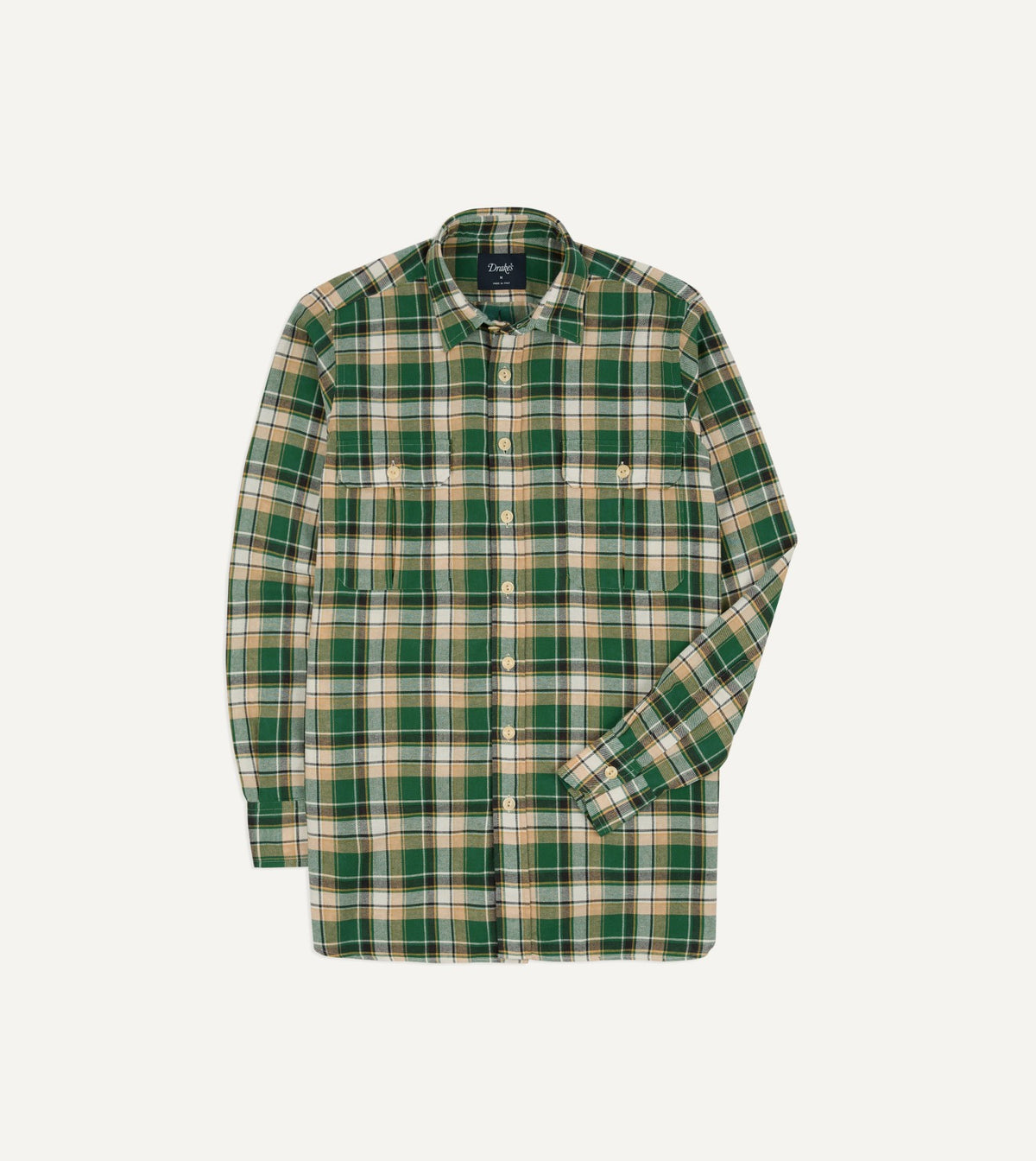 Drake's Green Check Cotton Two-Pocket Work Shirt