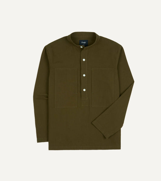 Drake's Khaki Cotton Mandarin Collar Popover Shirt