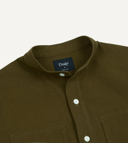 Drake's Khaki Cotton Mandarin Collar Popover Shirt