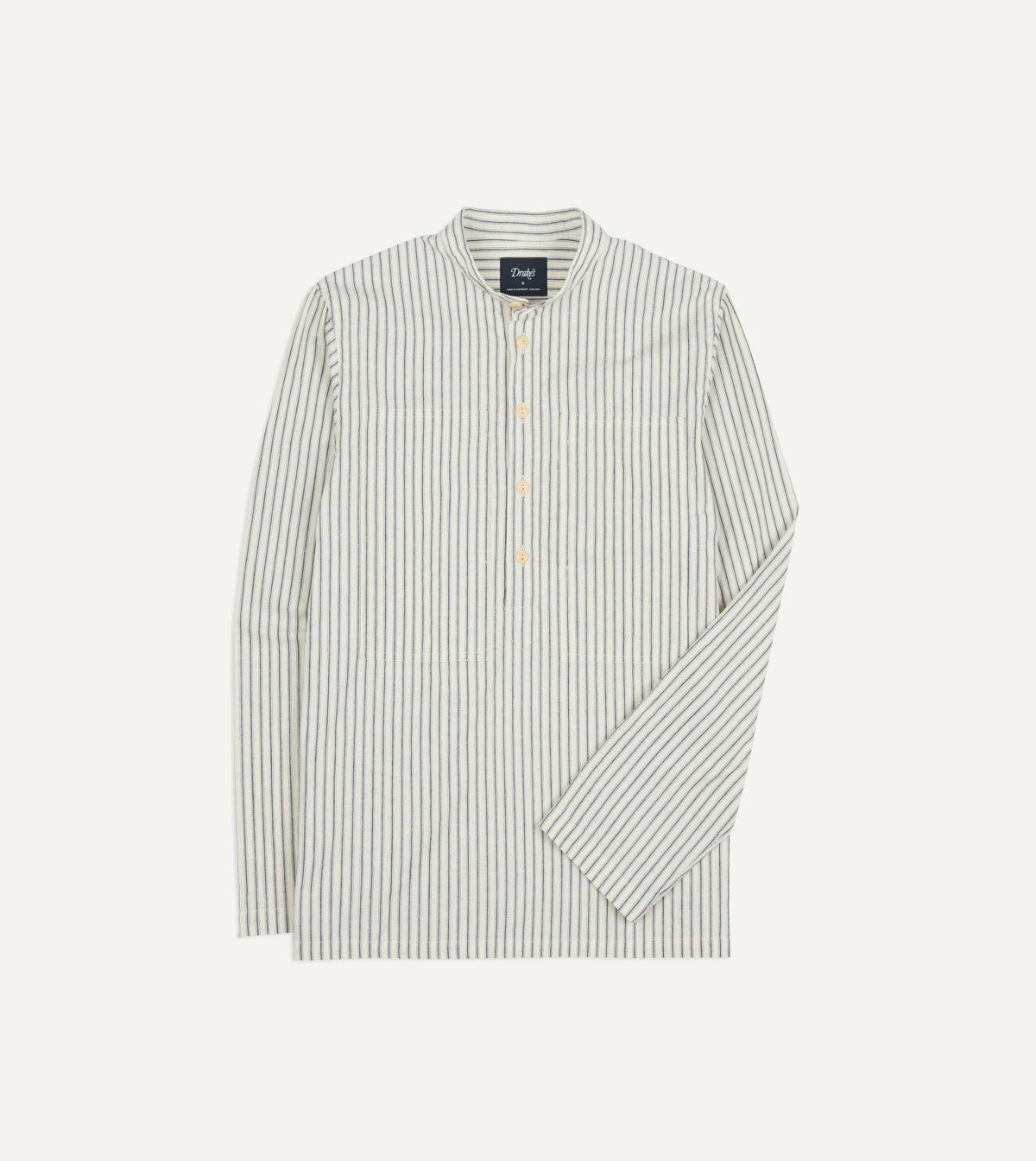 Drake's Indigo Stripe Cotton Mandarin Collar Popover Shirt