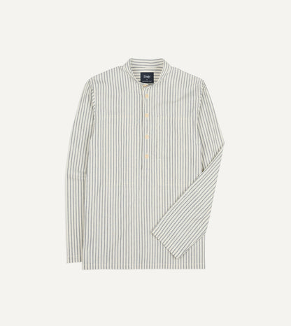 Drake's Indigo Stripe Cotton Mandarin Collar Popover Shirt
