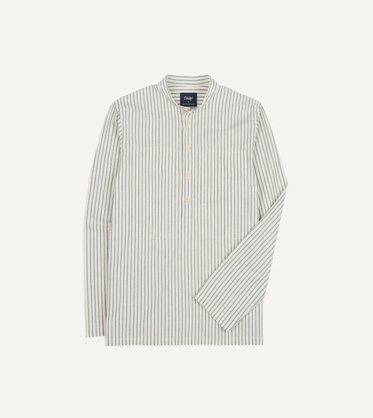Drake's Indigo Stripe Cotton Mandarin Collar Popover Shirt