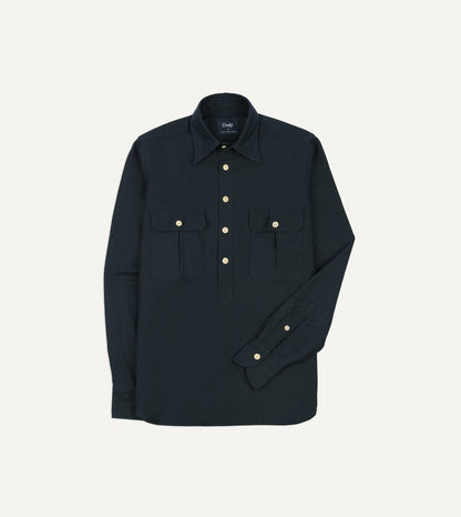 Drake's Navy Satin Cotton Popover Work Shirt