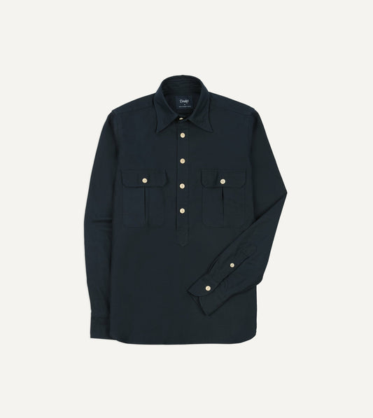 Drake's Navy Satin Cotton Popover Work Shirt