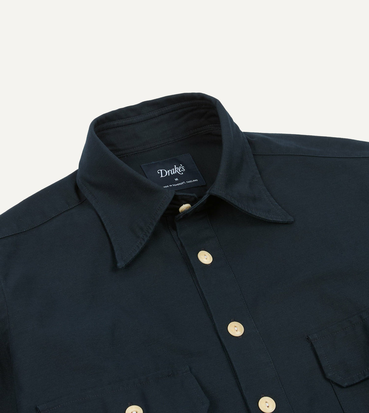 Drake's Navy Satin Cotton Popover Work Shirt