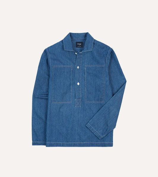 Drake's Blue Denim Spread Collar Popover Shirt