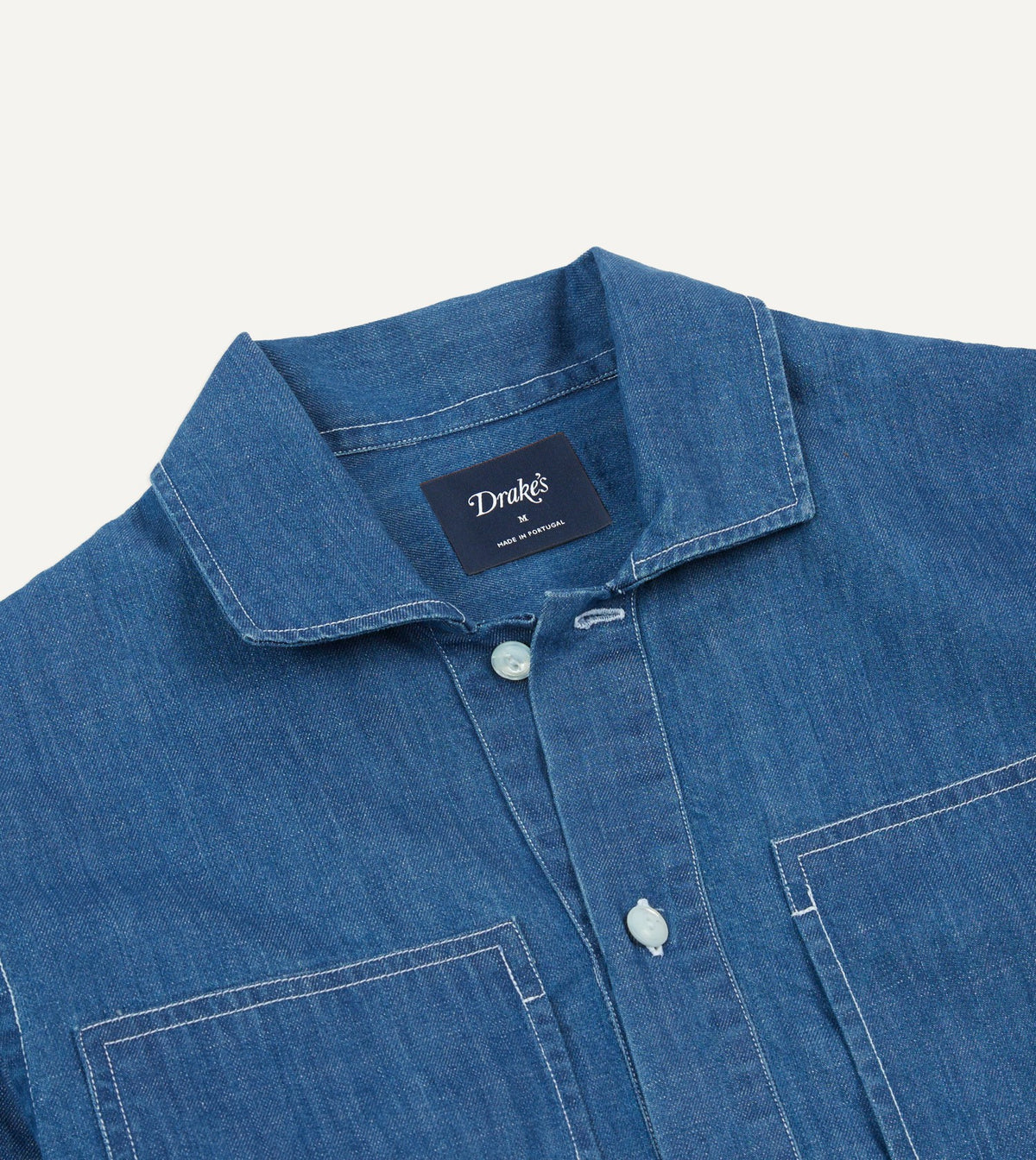 Drake's Blue Denim Spread Collar Popover Shirt