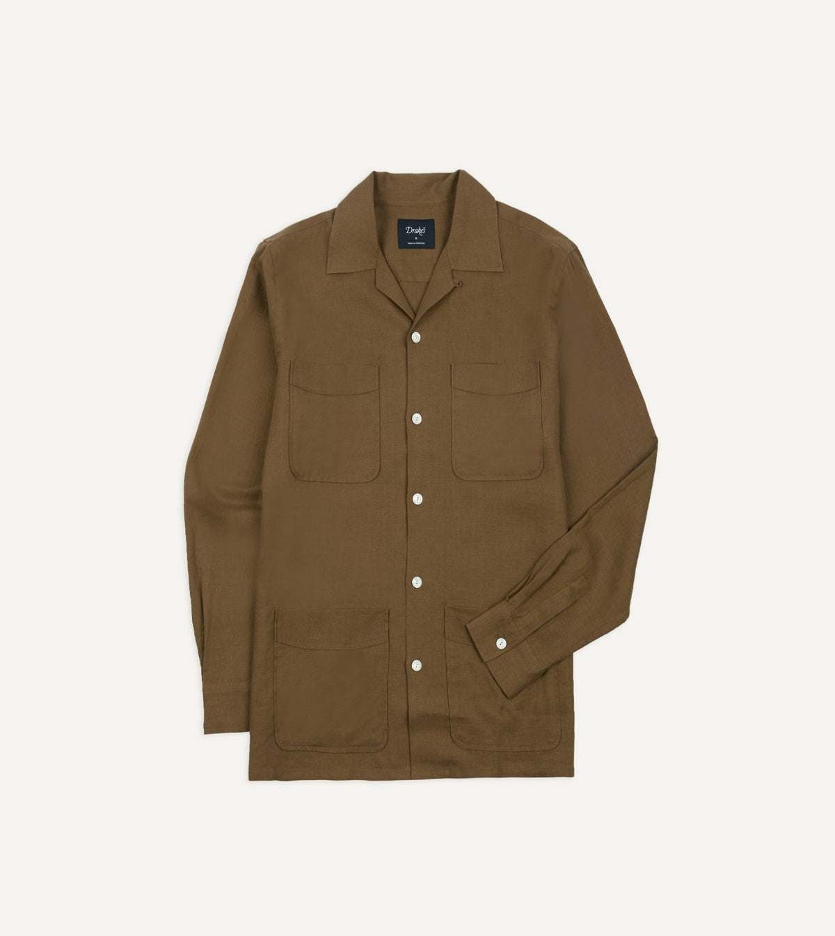 Drake's Khaki Linen Four-Pocket Camp Collar Work Shirt