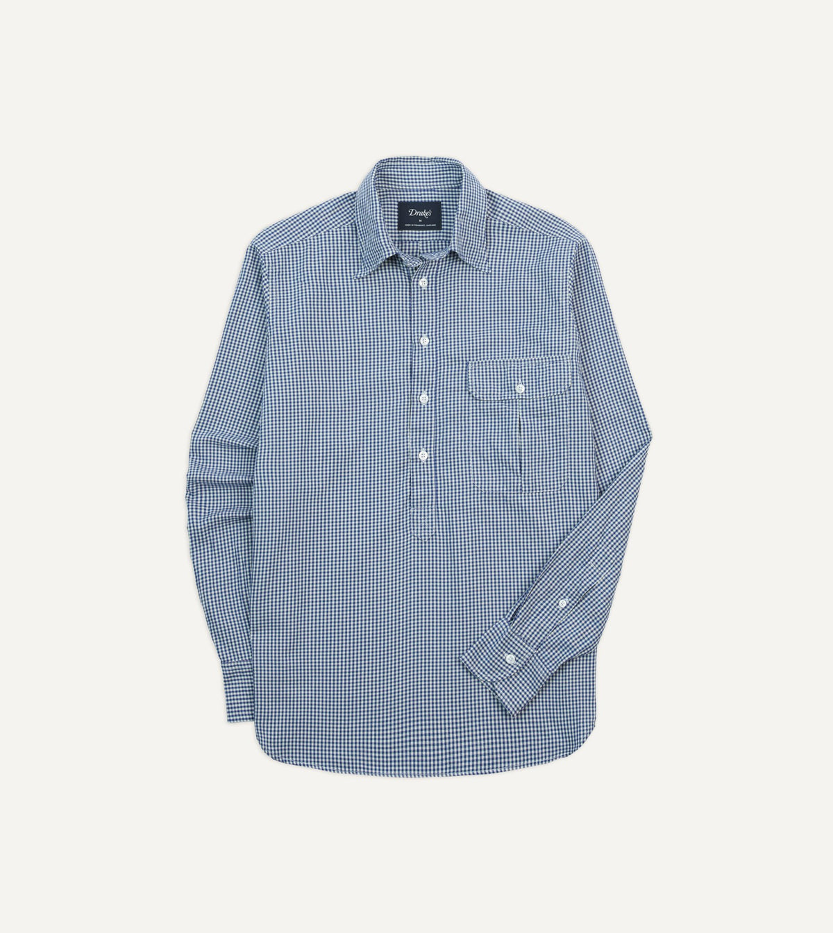 Drake's Blue Gingham Brushed Cotton Long Point Collar Popover Shirt