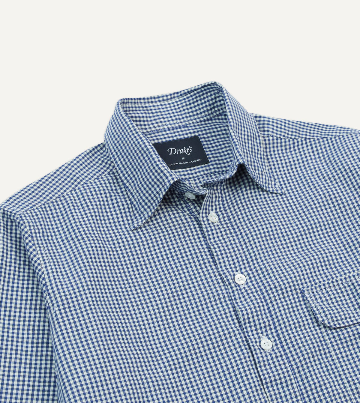 Drake's Blue Gingham Brushed Cotton Long Point Collar Popover Shirt