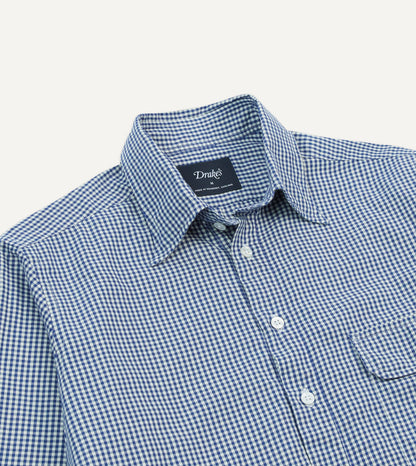 Drake's Blue Gingham Brushed Cotton Long Point Collar Popover Shirt
