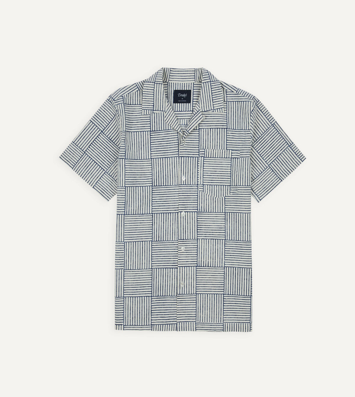 Drake's Navy Weave Block Print Cotton Camp Collar Short Sleeve Shirt