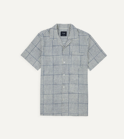 Drake's Navy Weave Block Print Cotton Camp Collar Short Sleeve Shirt