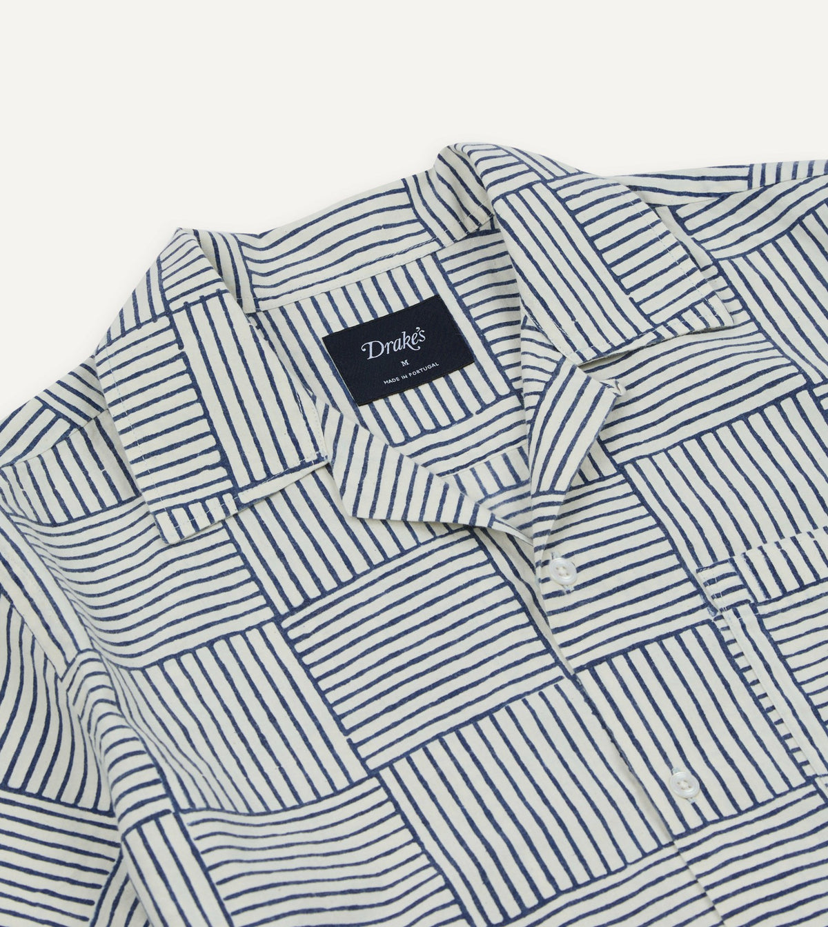 Drake's Navy Weave Block Print Cotton Camp Collar Short Sleeve Shirt
