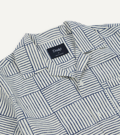 Drake's Navy Weave Block Print Cotton Camp Collar Short Sleeve Shirt