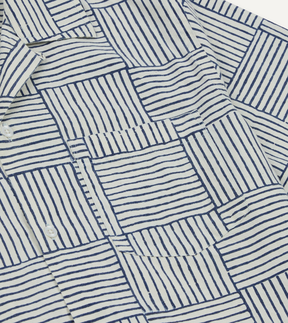 Drake's Navy Weave Block Print Cotton Camp Collar Short Sleeve Shirt