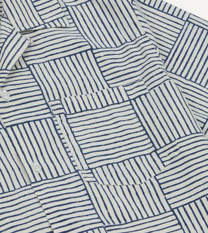 Drake's Navy Weave Block Print Cotton Camp Collar Short Sleeve Shirt