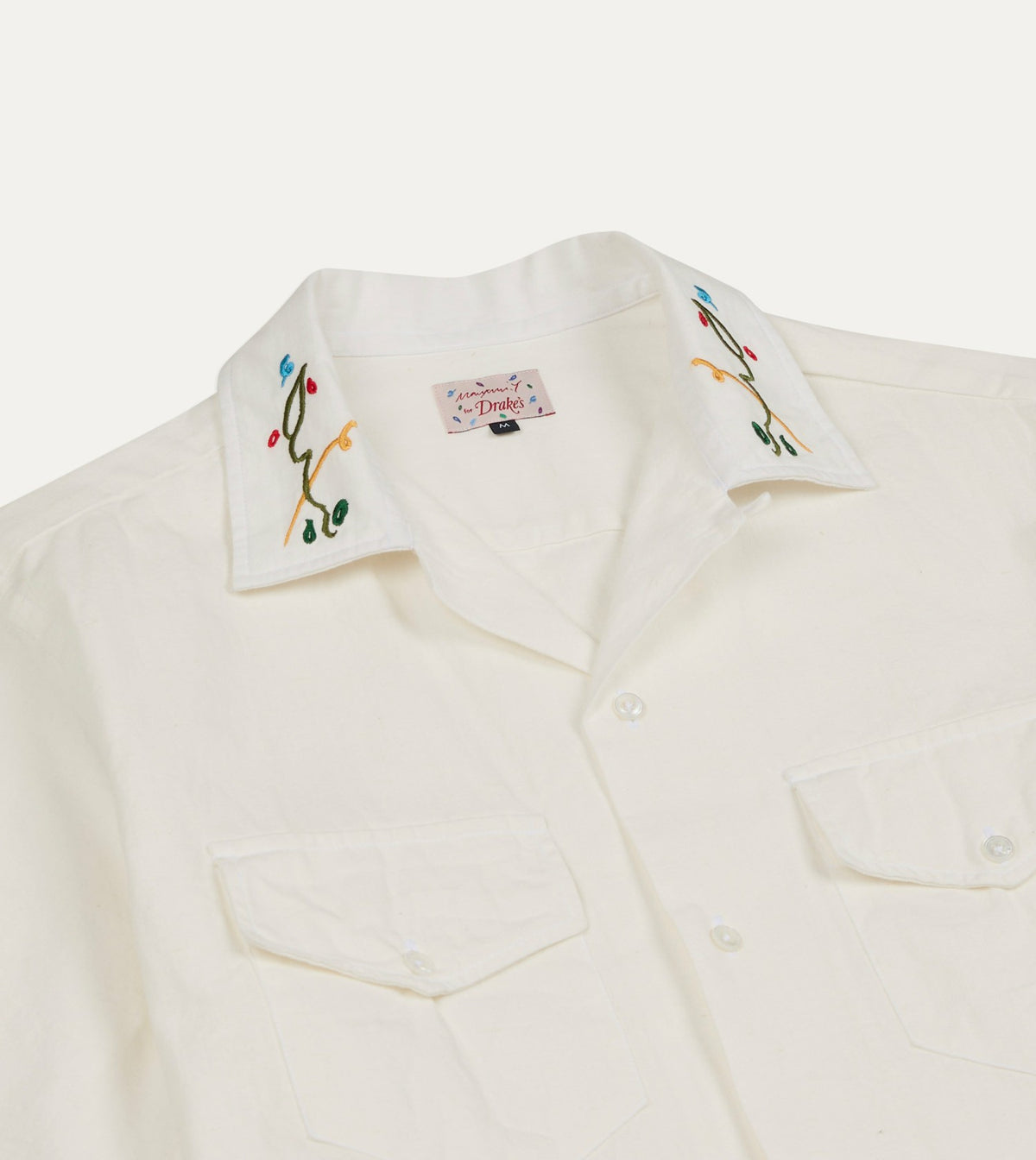 Drake's Mayumi Y. for Drake’s Embroidered Cotton-Linen Camp Collar Short Sleeve Shirt