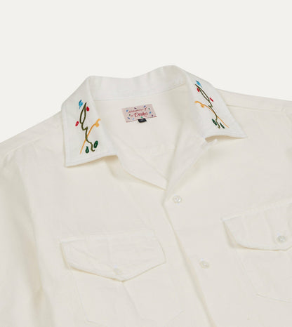 Drake's Mayumi Y. for Drake’s Embroidered Cotton-Linen Camp Collar Short Sleeve Shirt