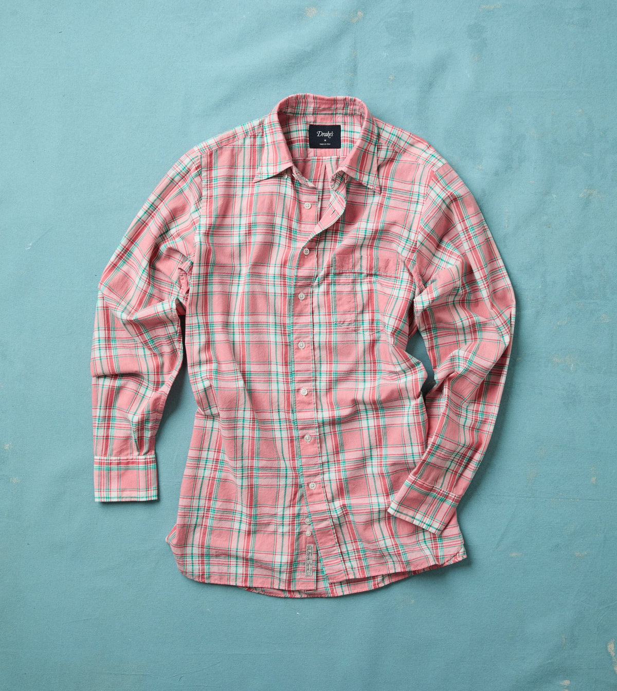 Drake's Pink and Green Madras Check Cotton Button-Down Shirt