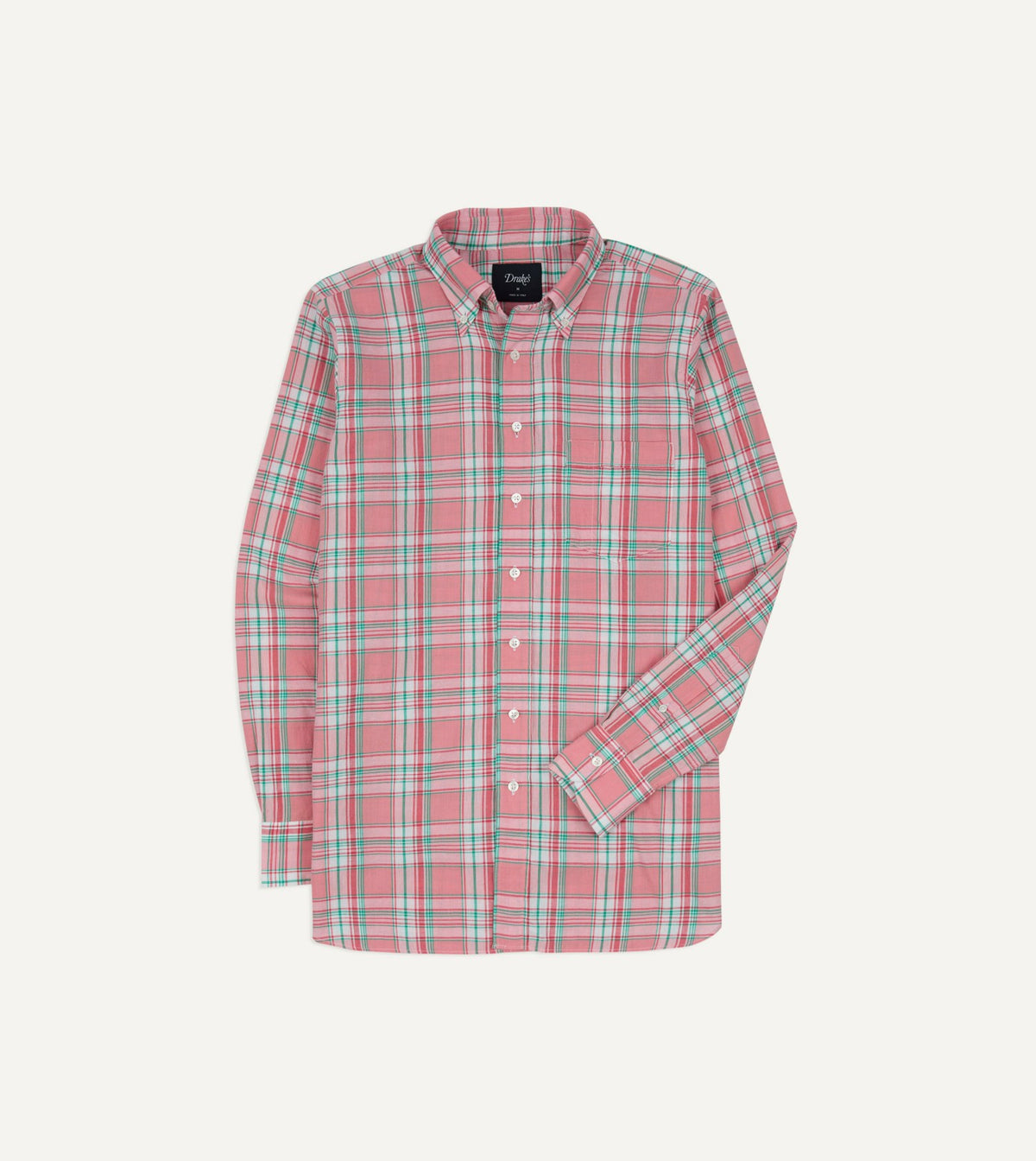Drake's Pink and Green Madras Check Cotton Button-Down Shirt