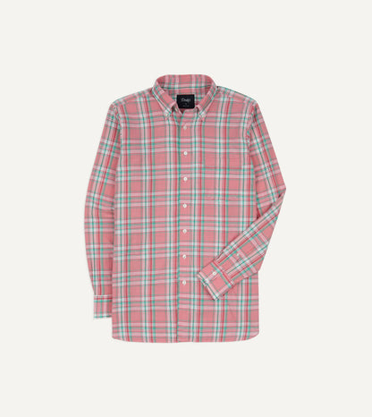 Drake's Pink and Green Madras Check Cotton Button-Down Shirt