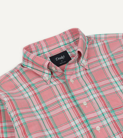 Drake's Pink and Green Madras Check Cotton Button-Down Shirt