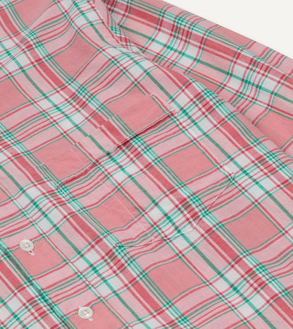 Drake's Pink and Green Madras Check Cotton Button-Down Shirt