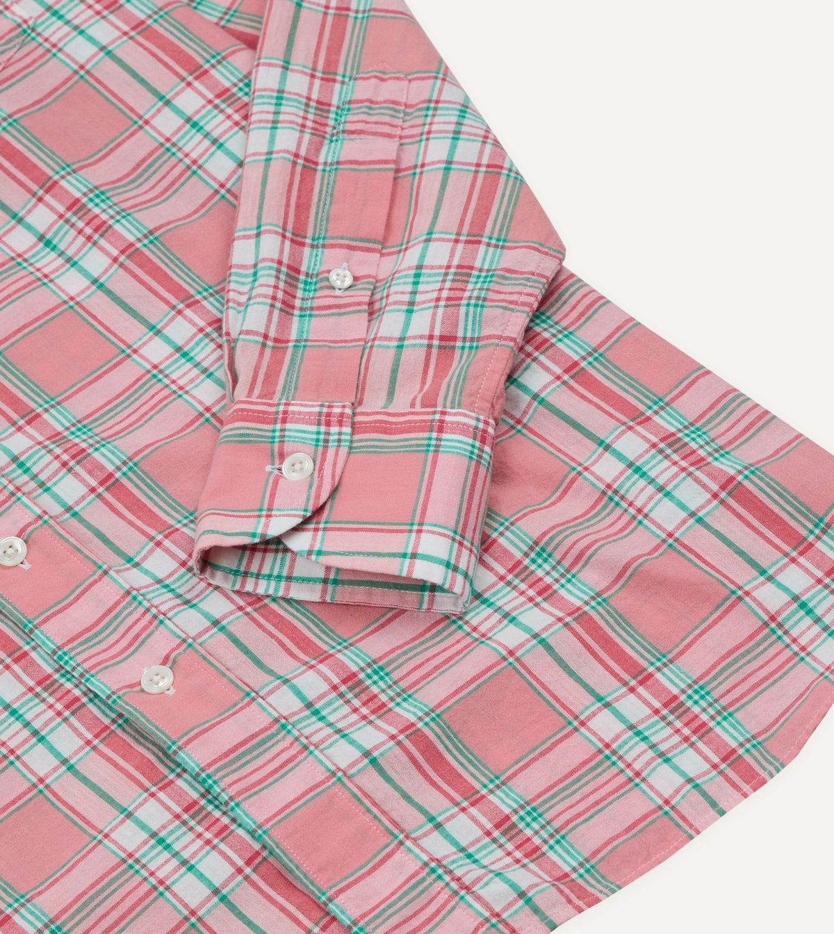 Drake's Pink and Green Madras Check Cotton Button-Down Shirt