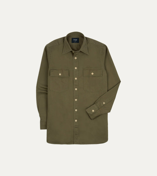 Drake's Green Cotton Long Point Collar Work Shirt