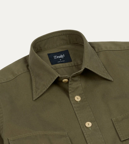 Drake's Green Cotton Long Point Collar Work Shirt
