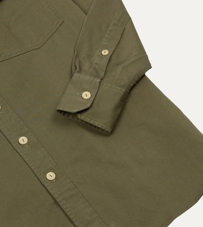 Drake's Green Cotton Long Point Collar Work Shirt