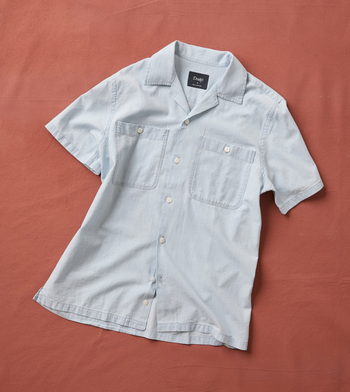 Drake's Blue Chambay Short Sleeve Camp Collar Shirt