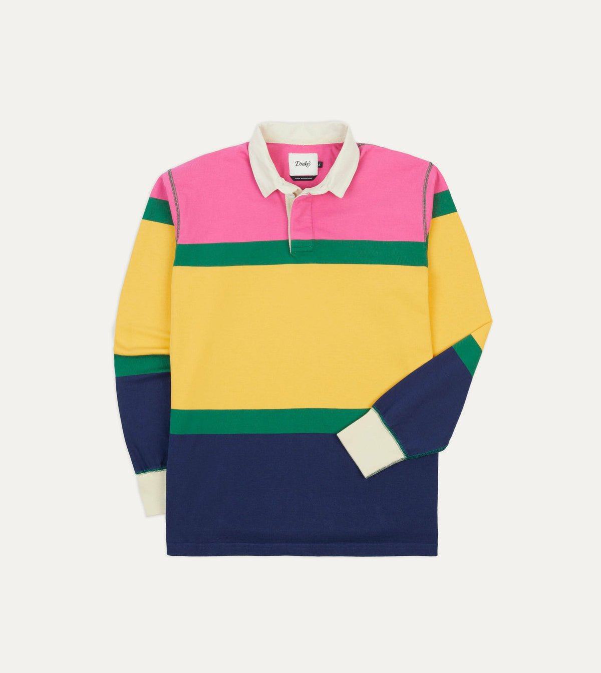 Drake's Pink, Green, Yellow and Navy Multi Stripe Cotton Rugby Shirt