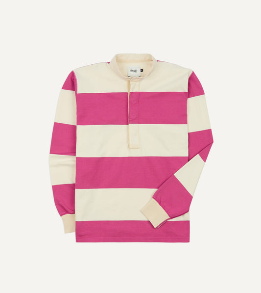 Drake's Pink and White Stripe Cotton Mandarin Collar Rugby Shirt