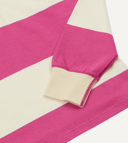Drake's Pink and White Stripe Cotton Mandarin Collar Rugby Shirt