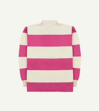Drake's Pink and White Stripe Cotton Mandarin Collar Rugby Shirt