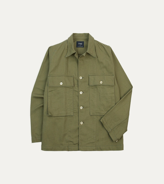 Drake's Green Cotton Twill Military Overshirt