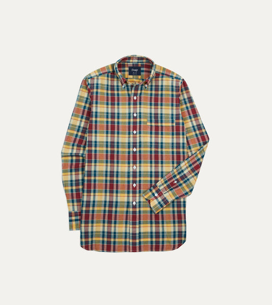 Drake's Yellow, Red and Blue Madras Check Cotton Button-Down Shirt