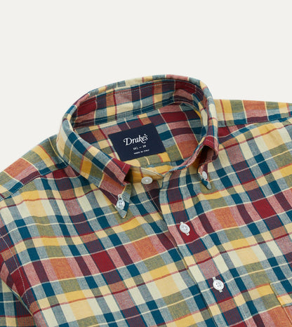 Drake's Yellow, Red and Blue Madras Check Cotton Button-Down Shirt