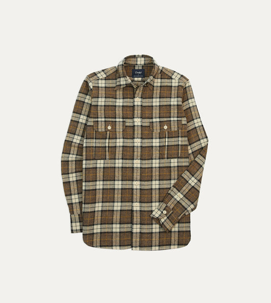 Drake's Brown Check Brushed Cotton Two-Pocket Work Shirt