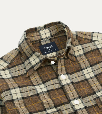 Drake's Brown Check Brushed Cotton Two-Pocket Work Shirt