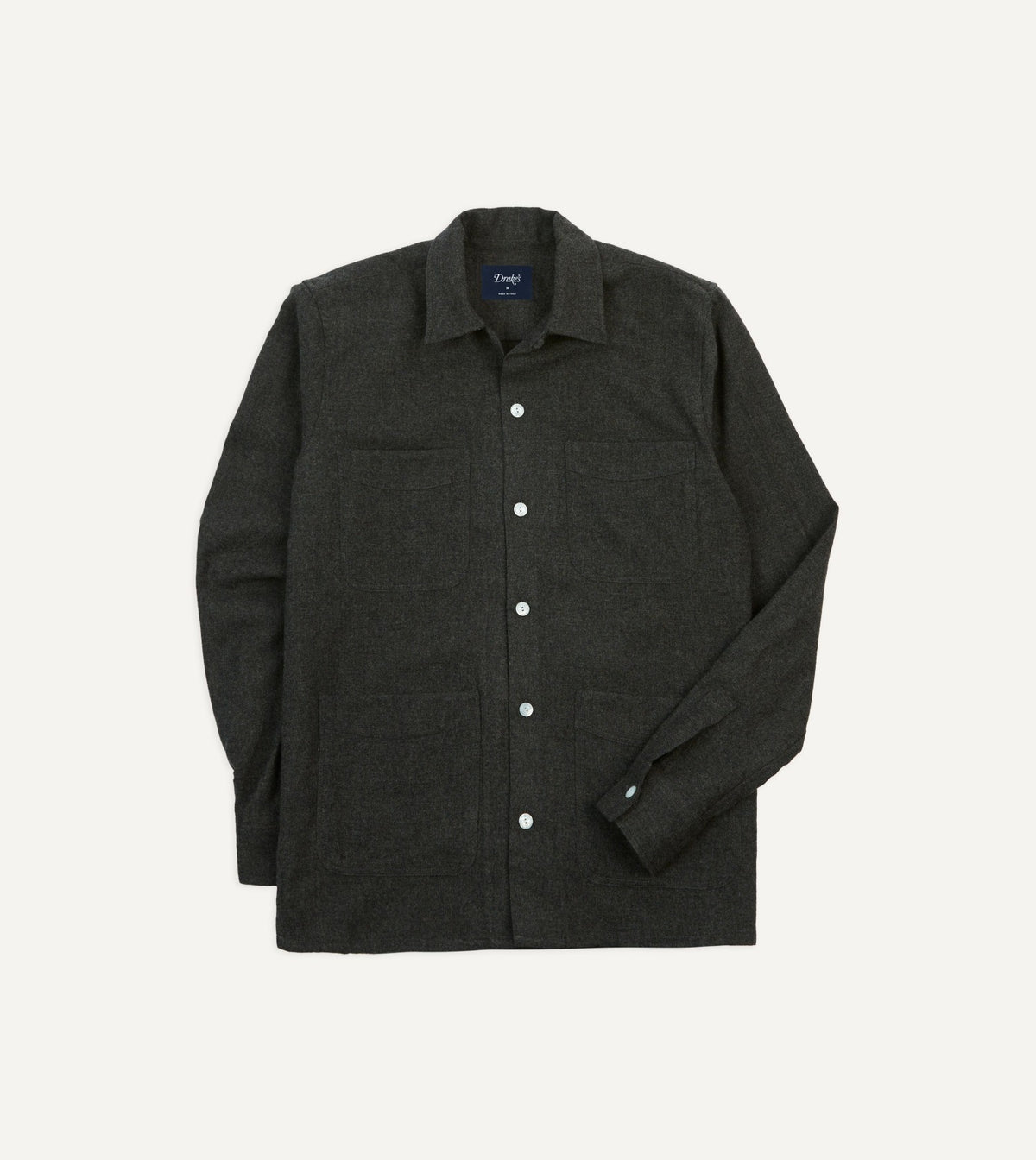 Drake's Grey Wool Four-Pocket Camp Collar Work Shirt