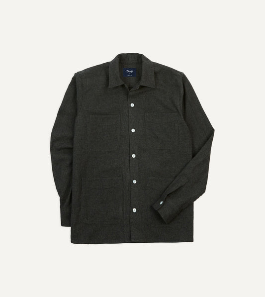 Drake's Grey Wool Four-Pocket Camp Collar Work Shirt