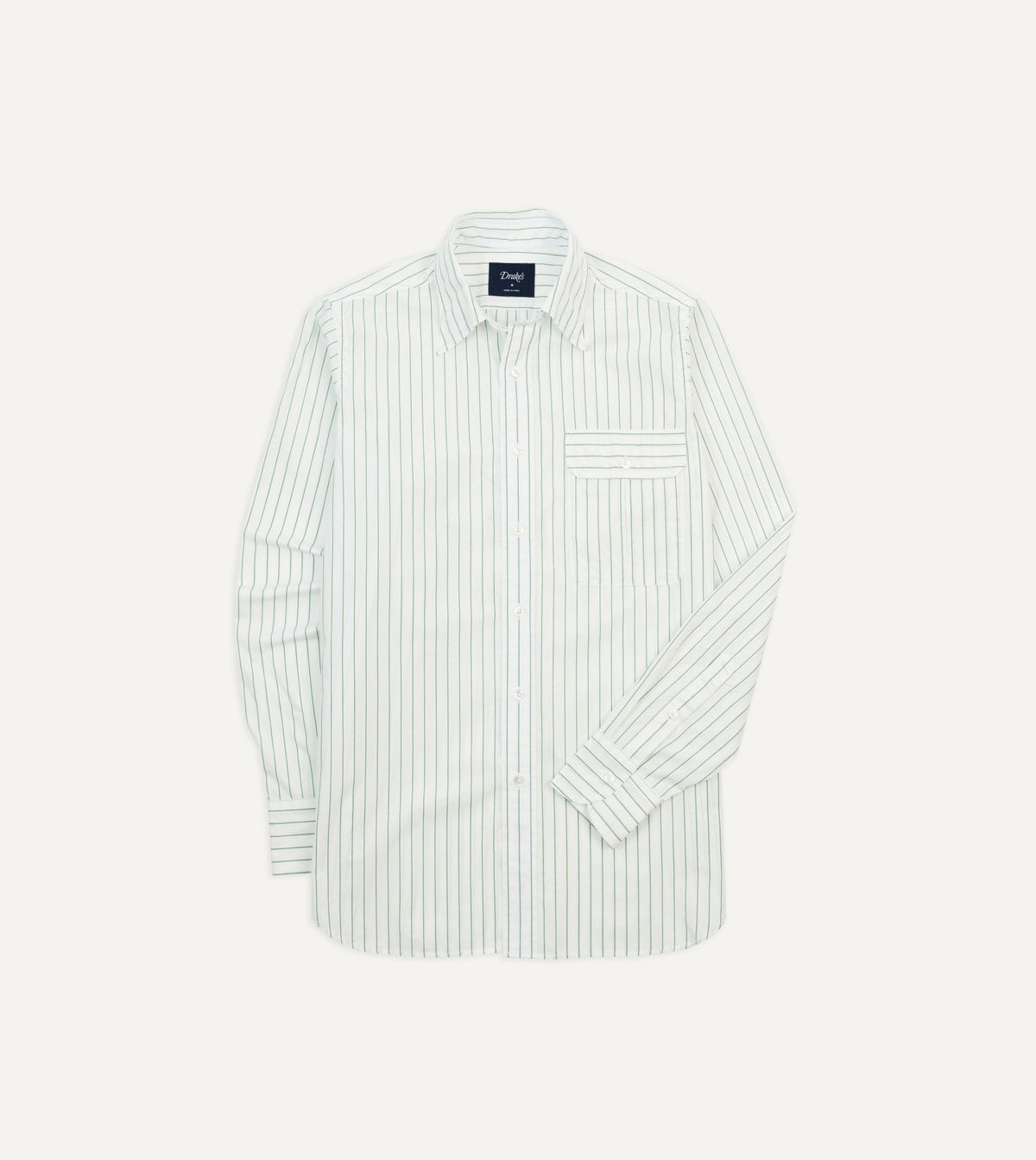 Drake's Green Pencil Stripe Cotton Long Point Collar Shirt