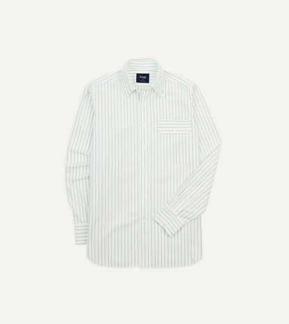 Drake's Green Pencil Stripe Cotton Long Point Collar Shirt