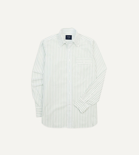 Drake's Green Pencil Stripe Cotton Long Point Collar Shirt