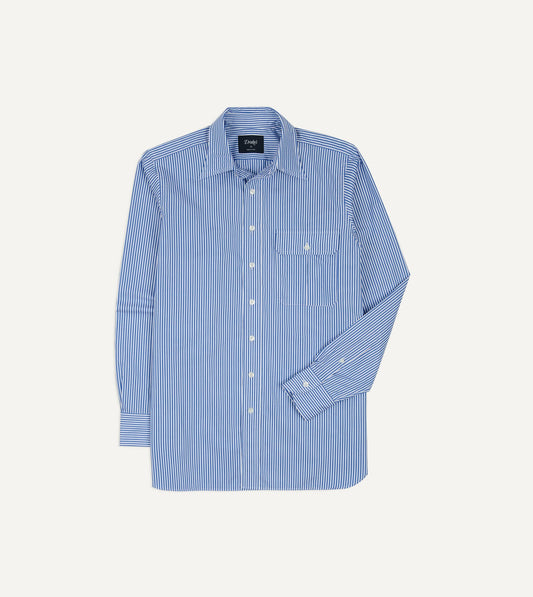 Drake's Blue and White Stripe Long Point Collar Flap Pocket Poplin Shirt