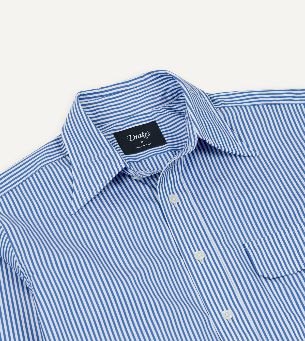 Drake's Blue and White Stripe Long Point Collar Flap Pocket Poplin Shirt